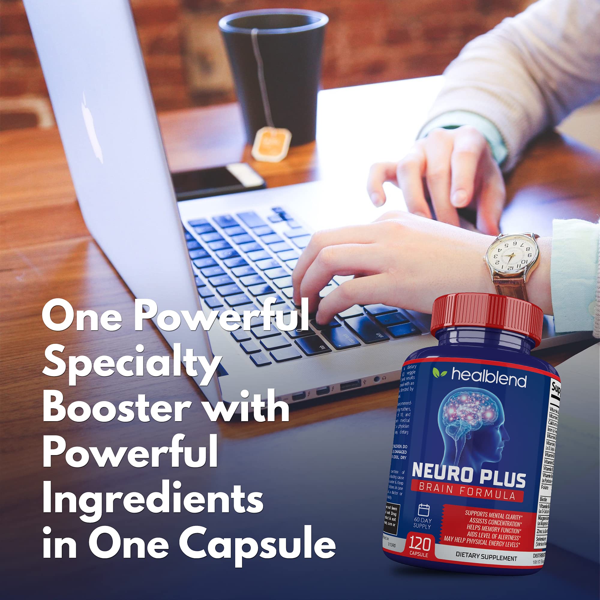 Healblend Neuro Plus study setup with notes signaling learning support.