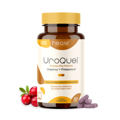 Heale UroQuel bottle front showing 30 capsules for daily bladder support.