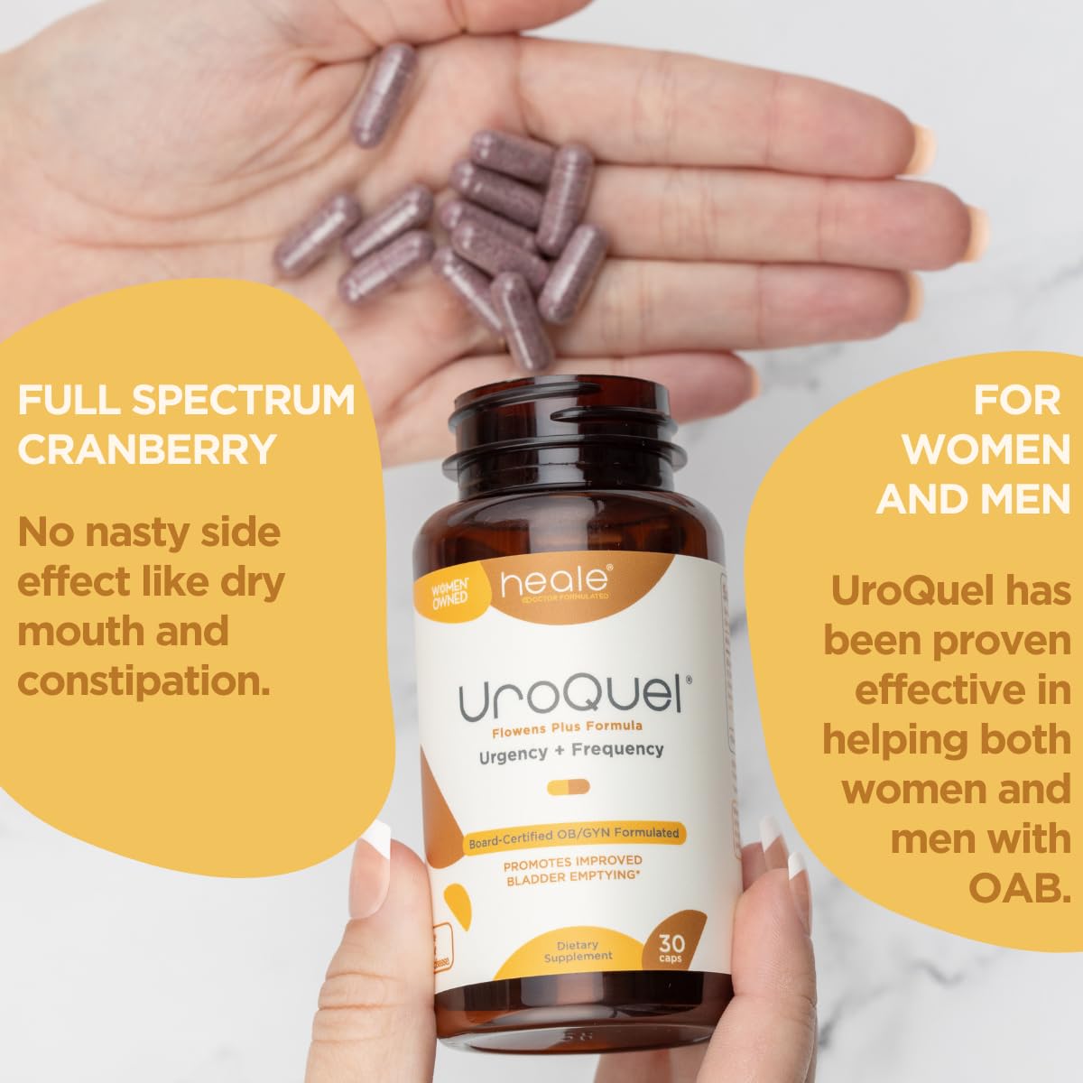 Heale UroQuel Flowens visual signaling cranberry-based bladder support formula.