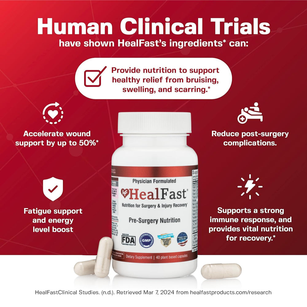 HealFast supplement pills close-up highlights flavorless, easy-to-swallow capsules