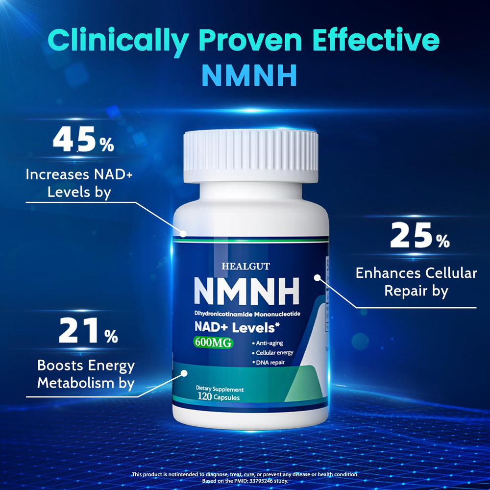 HealGut NMNH bottle label detail emphasizes NAD+ precursor benefits.