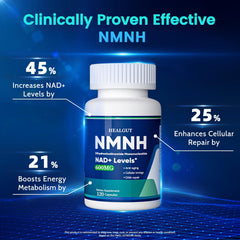 HealGut NMNH bottle label detail emphasizes NAD+ precursor benefits.
