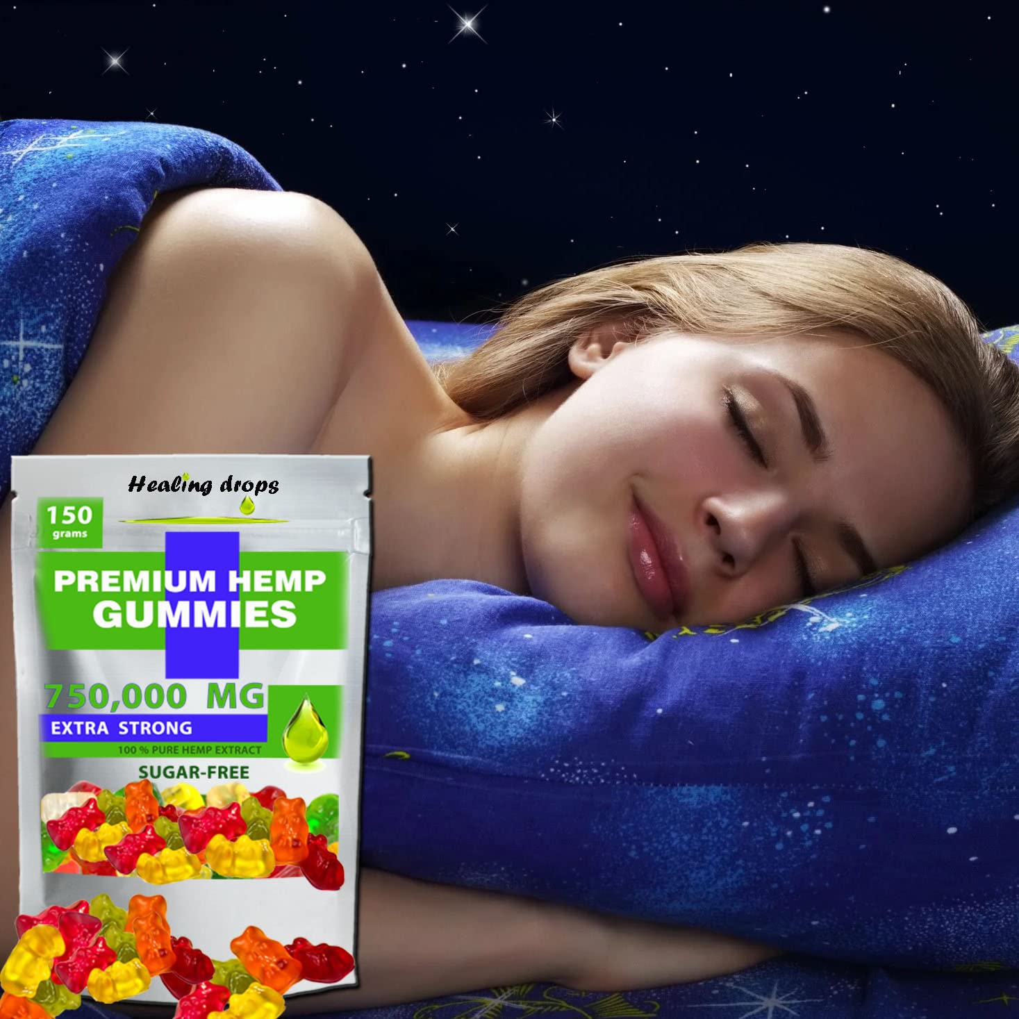 HEALING DROPS hemp gummies front packaging highlights organic ingredients and vitamins