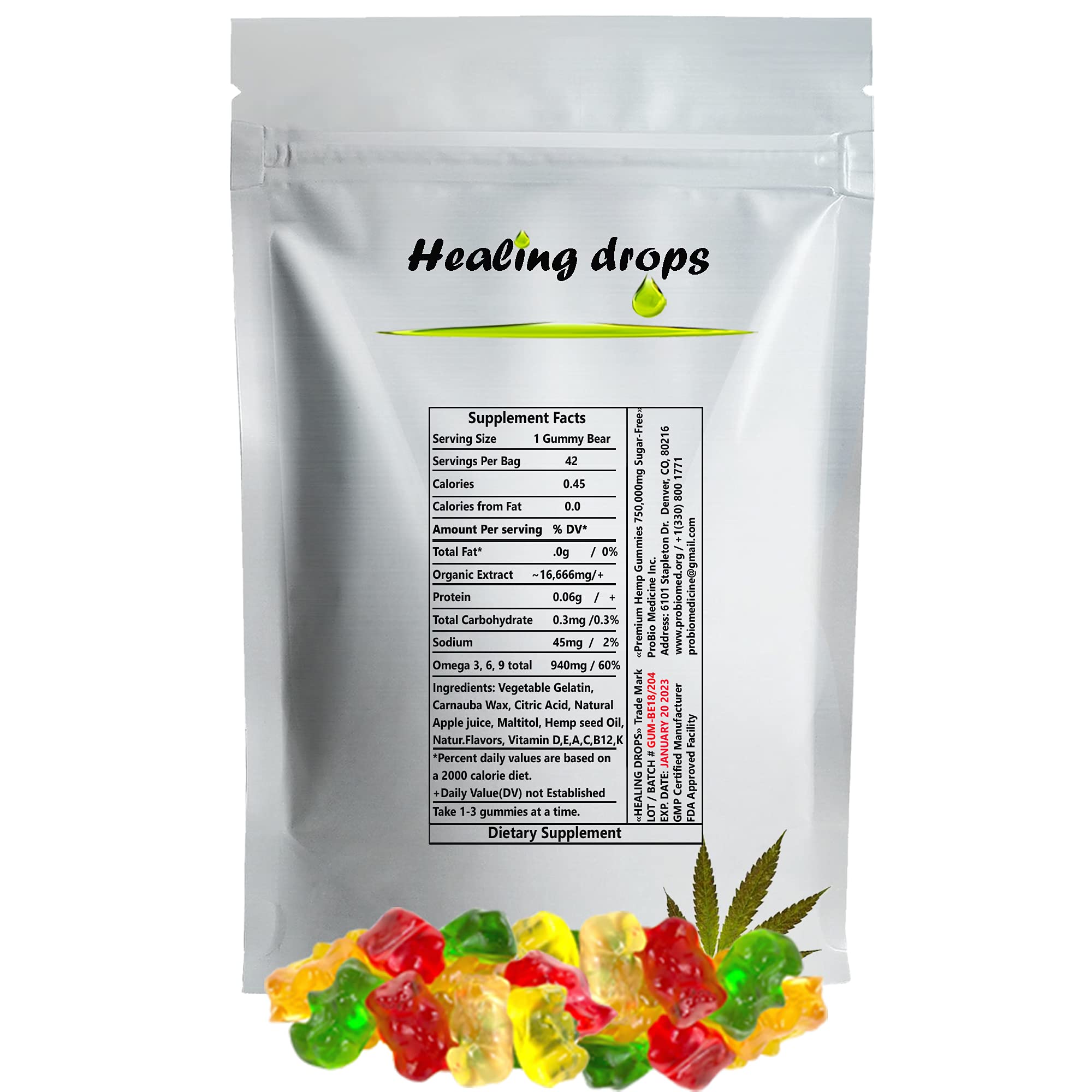 HEALING DROPS hemp gummies natural packaging emphasizes organic, non-GMO production
