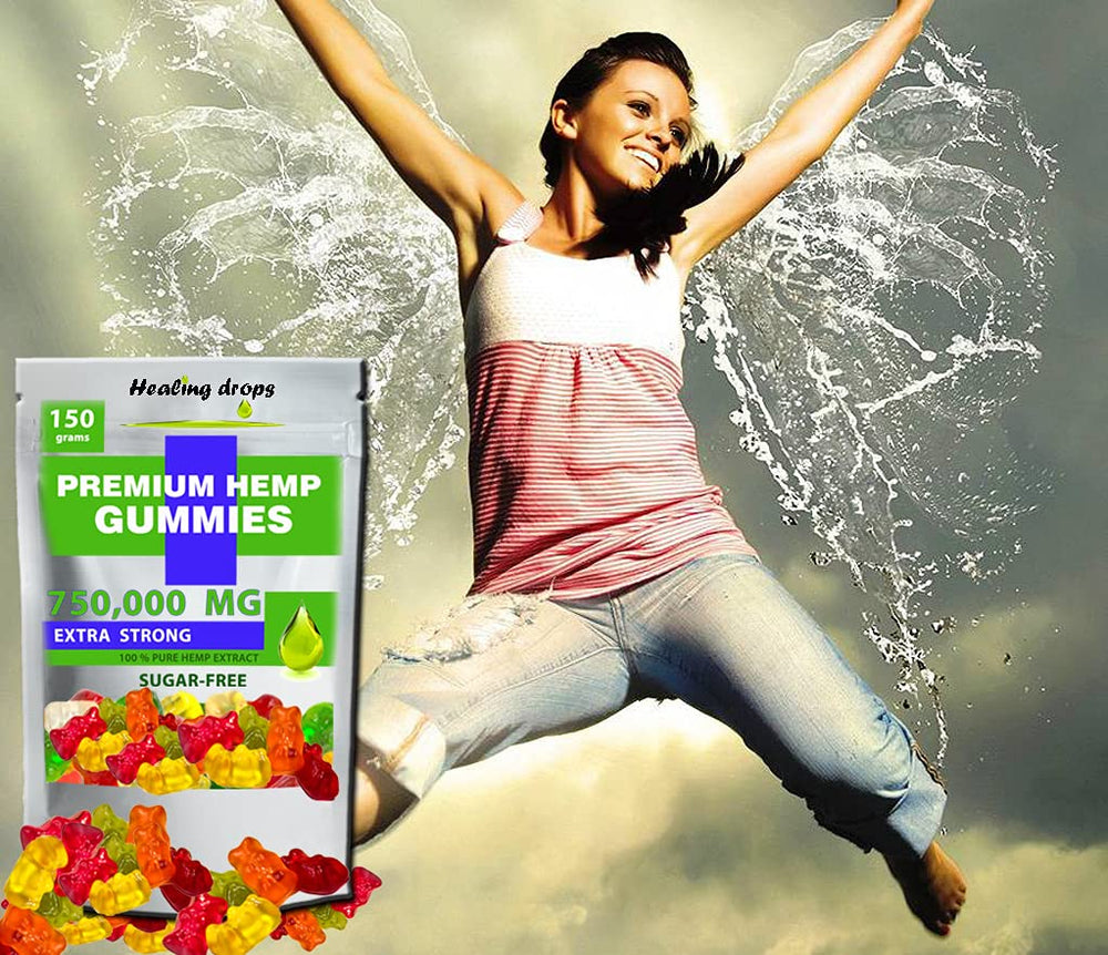 HEALING DROPS hemp gummies beside glass of water for on-the-go use