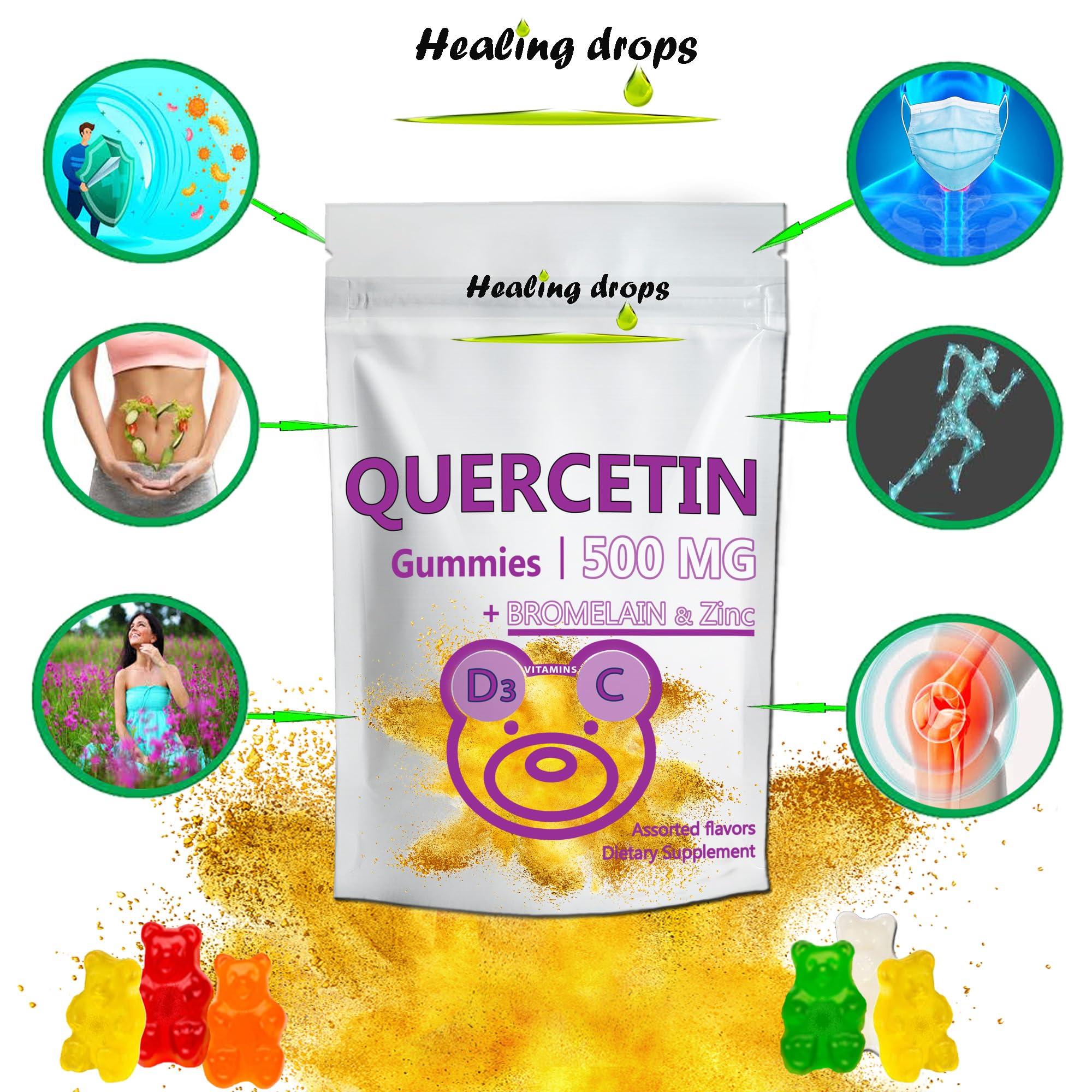 HEALING DROPS Quercetin with Bromelain gummies bottle back with ingredients and allergy-friendly notes for informed daily use