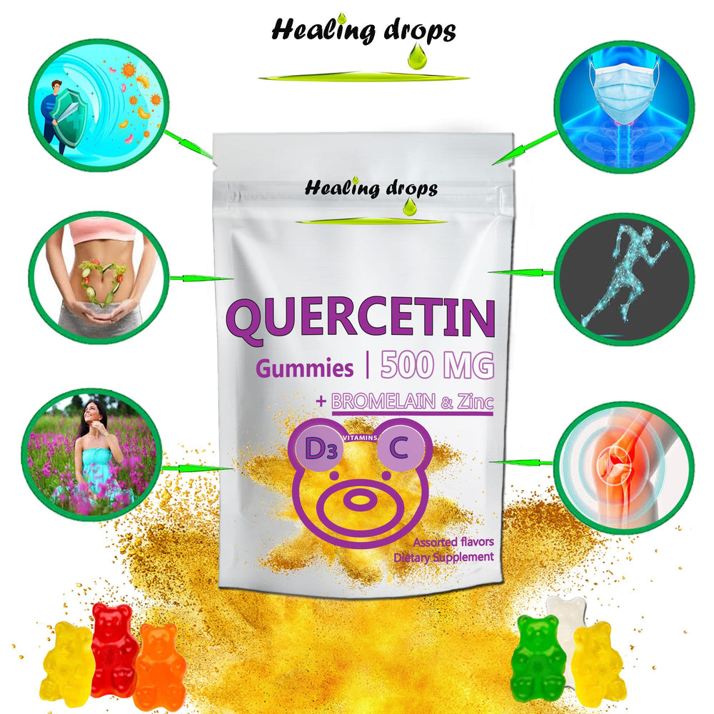 HEALING DROPS Quercetin with Bromelain gummies bottle back with ingredients and allergy-friendly notes for informed daily use