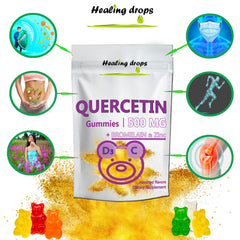 HEALING DROPS Quercetin with Bromelain gummies bottle back with ingredients and allergy-friendly notes for informed daily use