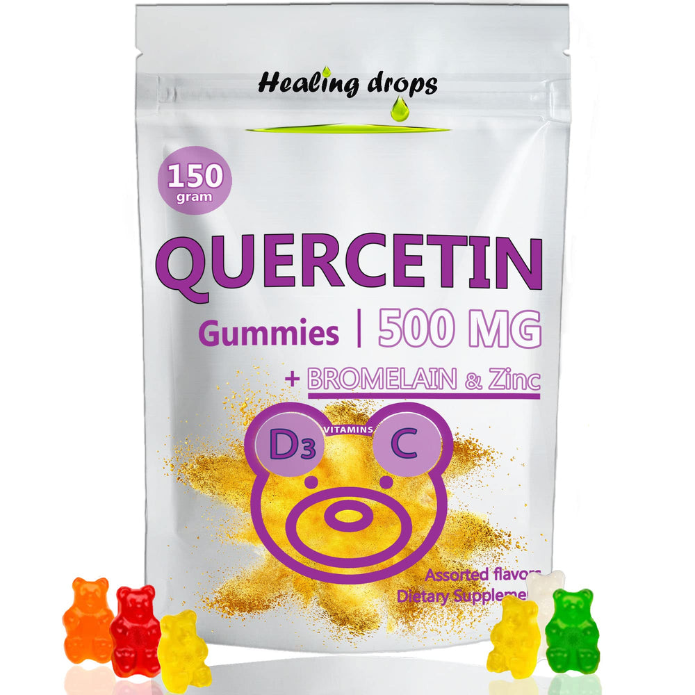 HEALING DROPS Quercetin with Bromelain gummies bottle front highlighting 500 mg quercetin per serving for daily use