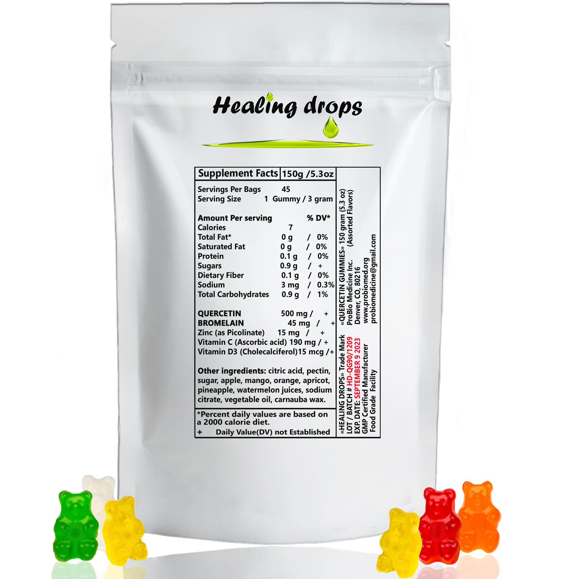 HEALING DROPS Quercetin with Bromelain gummies dosage guide image illustrating kids and adults dosing options