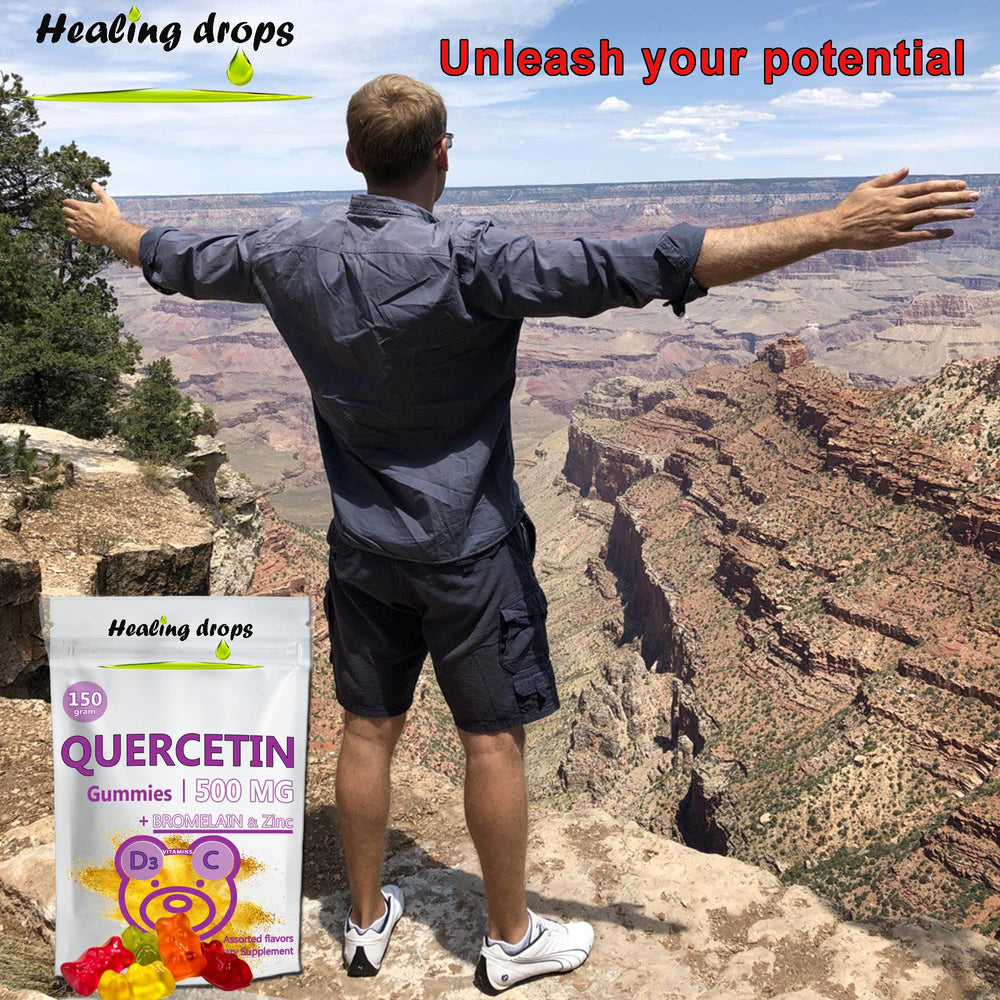 HEALING DROPS Quercetin with Bromelain gummies ingredients panel highlighting quercetin 500mg and vitamin C for informed choices