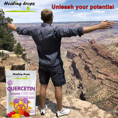 HEALING DROPS Quercetin with Bromelain gummies ingredients panel highlighting quercetin 500mg and vitamin C for informed choices