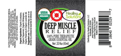 Healing Solutions Deep Muscle Relief bottle-label shows organic certification