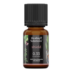 Healing Solutions Mezcla Escudo: frasco ámbar, ideal para difusor en casa.