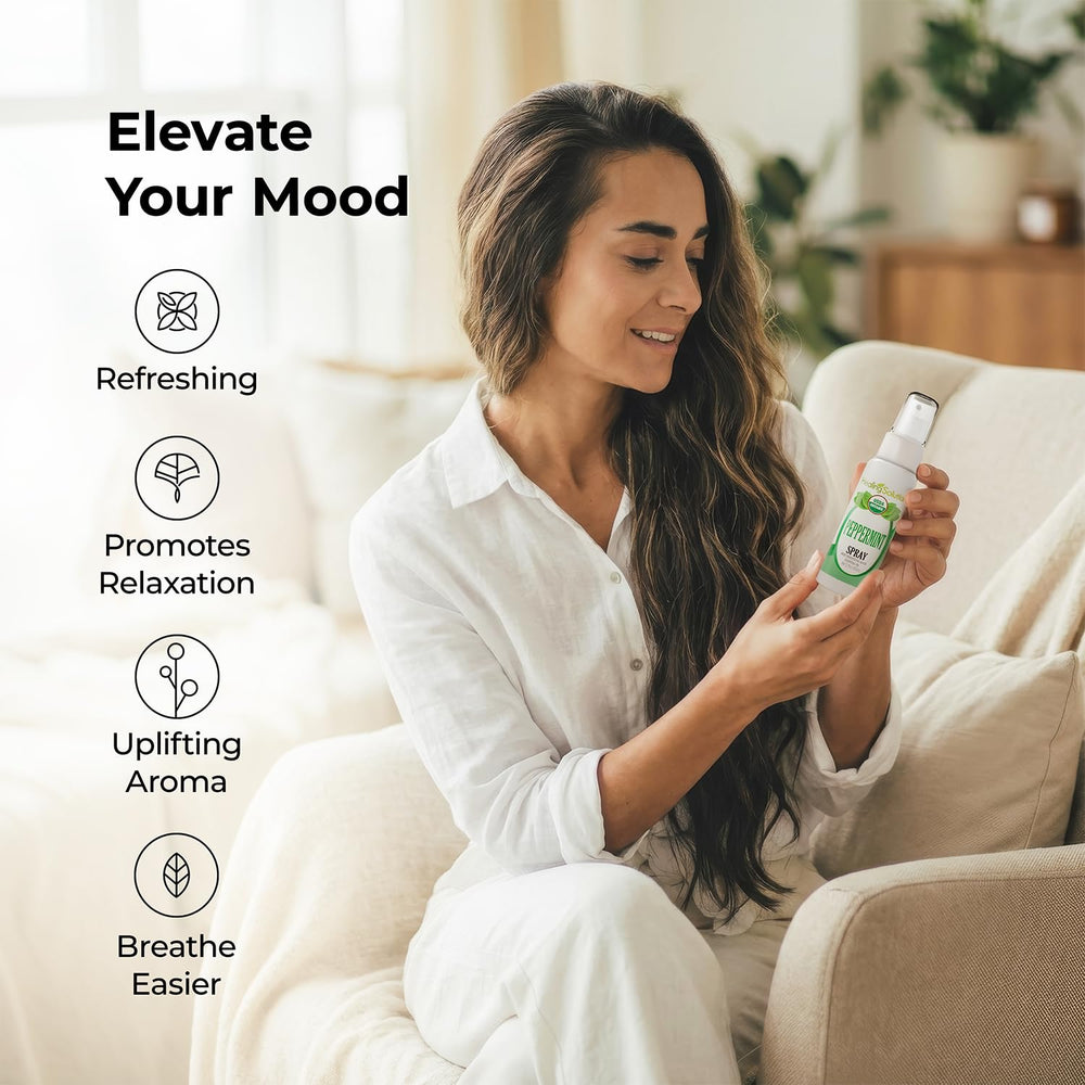 Healing Solutions Peppermint Linen Spray freshens bedding with a cool mint scent.