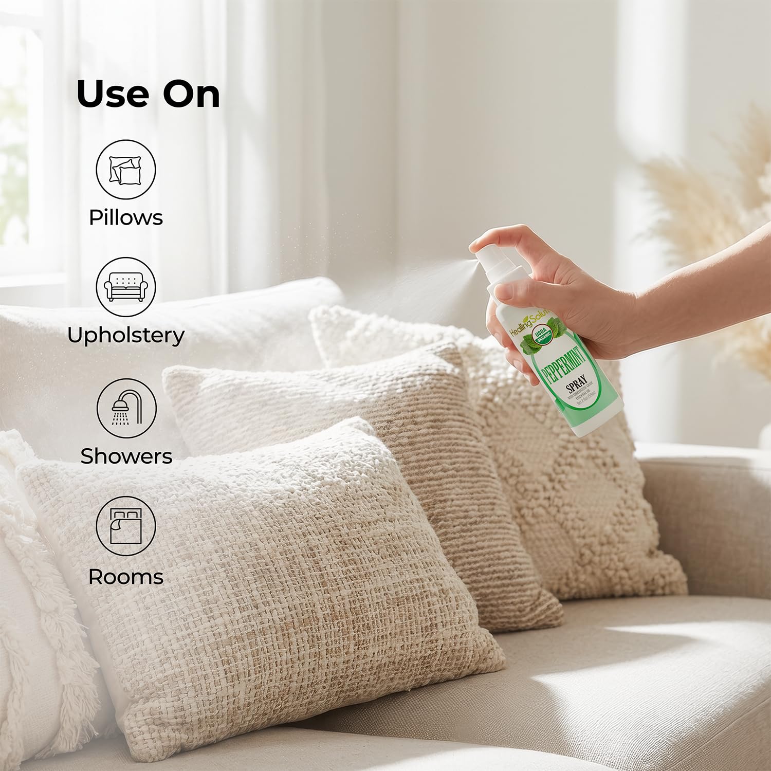 Healing Solutions Peppermint Pillow Spray supports restful nights with cooling aroma.