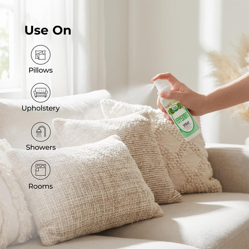 Healing Solutions Peppermint Pillow Spray supports restful nights with cooling aroma.
