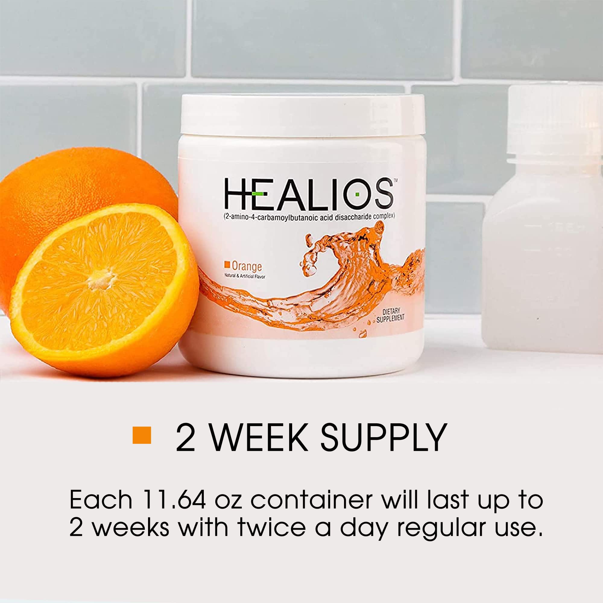 Healios orange flavor dissolving in glass yields smooth texture for use.