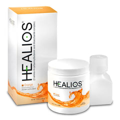 Healios orange flavor powder container for convenient daily oral care.