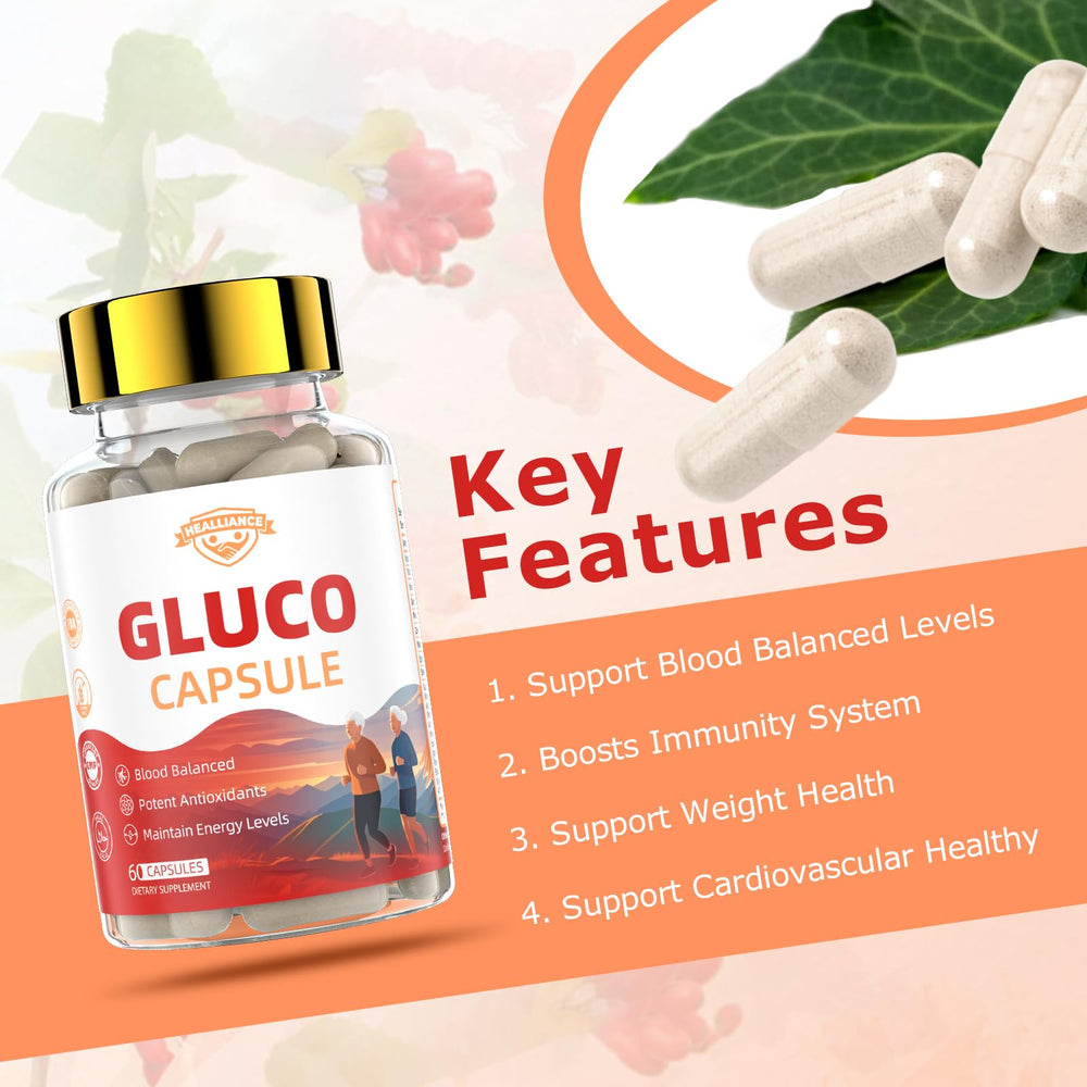 Healliance Gluco Blood Balance bottle back label view with key ingredients and daily notes