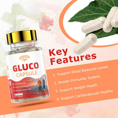 Healliance Gluco Blood Balance bottle back label view with key ingredients and daily notes
