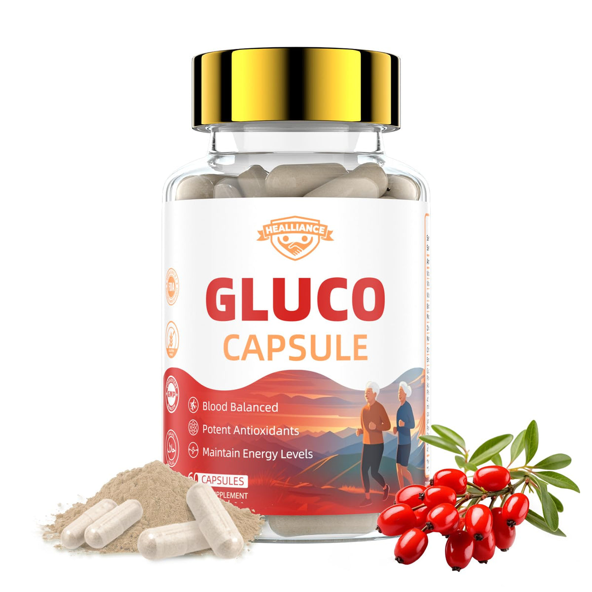 Healliance Gluco Blood Balance bottle front view highlighting a natural energy support formulation