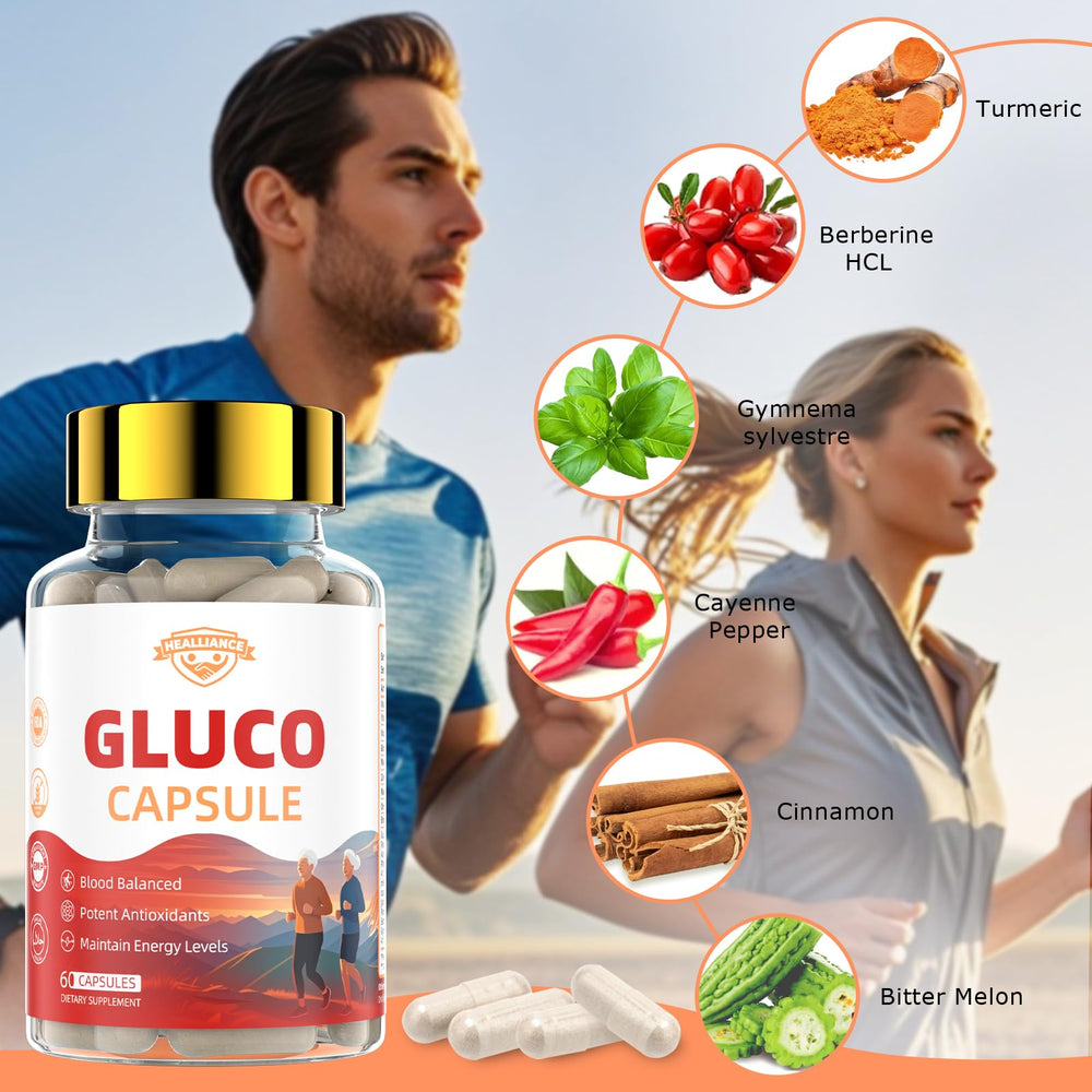 Healliance Gluco Blood Balance capsules close-up showing easy-to-swallow form for daily use