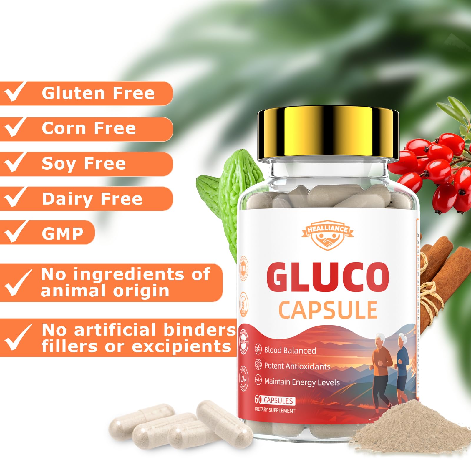 Healliance Gluco Blood Balance packaging scene with 60 capsules ready for daily routine