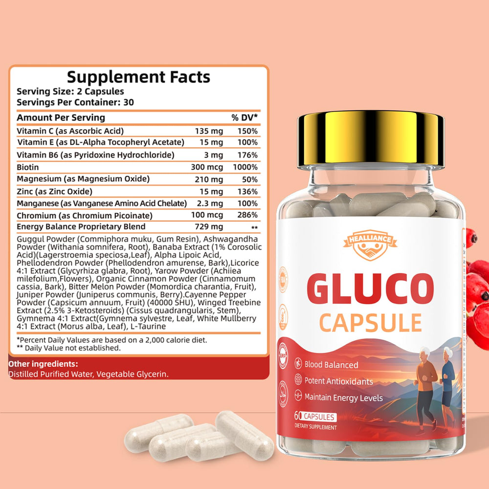 Healliance Gluco Blood Balance supplement on a kitchen counter for convenient daily use