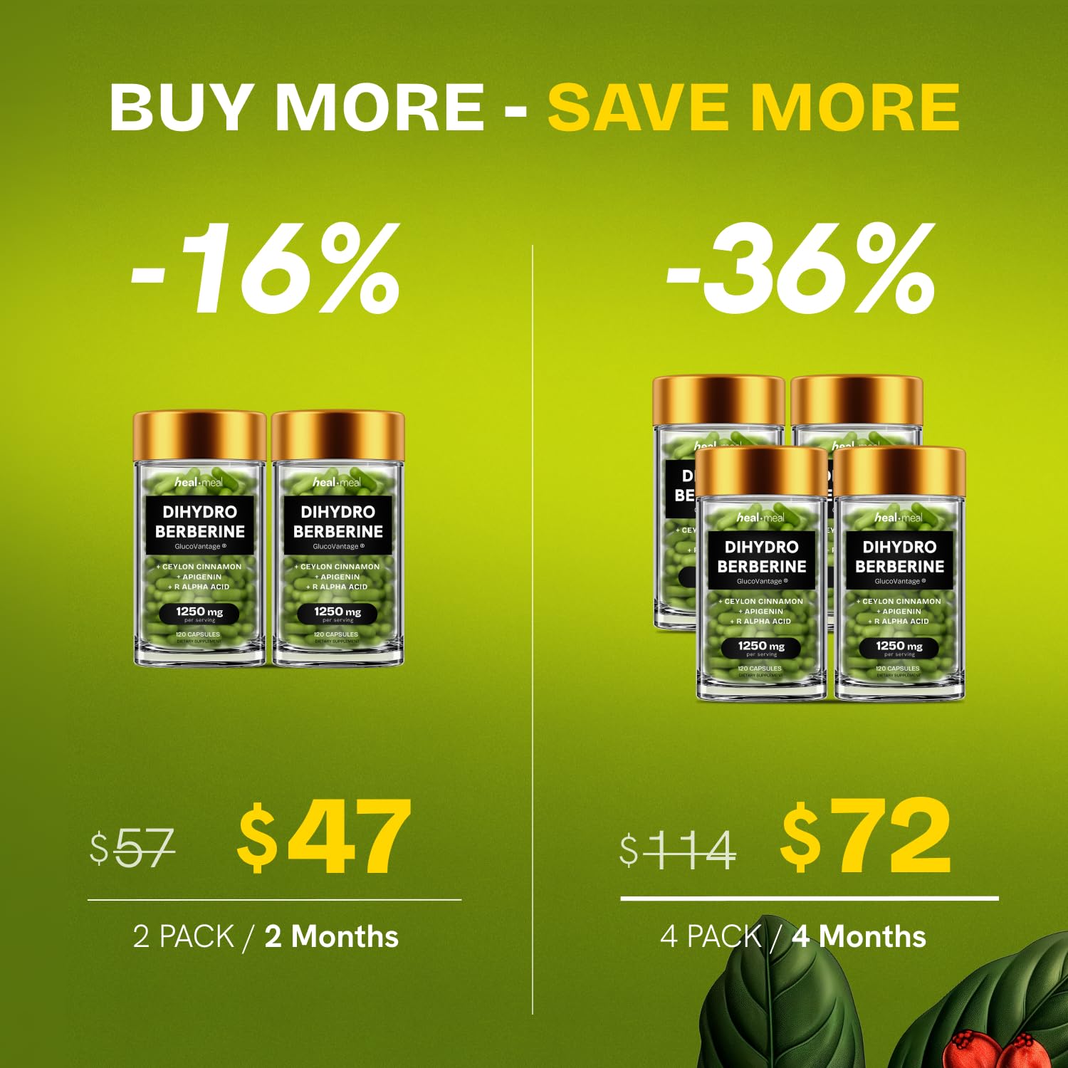 HealMeal Dihydroberberberine with Apigenin implies a natural wellness blend.