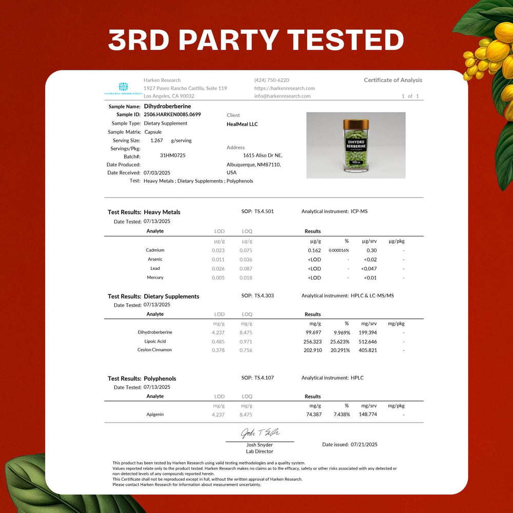 HealMeal Dihydroberberine label shows best-by date for freshness.