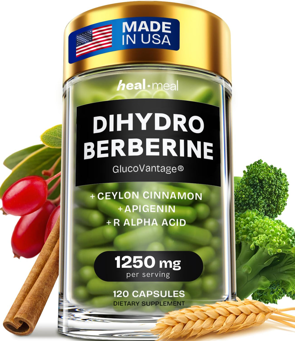 HealMeal Dihydroberberine bottle pouring with easy-to-swallow capsules for daily use.