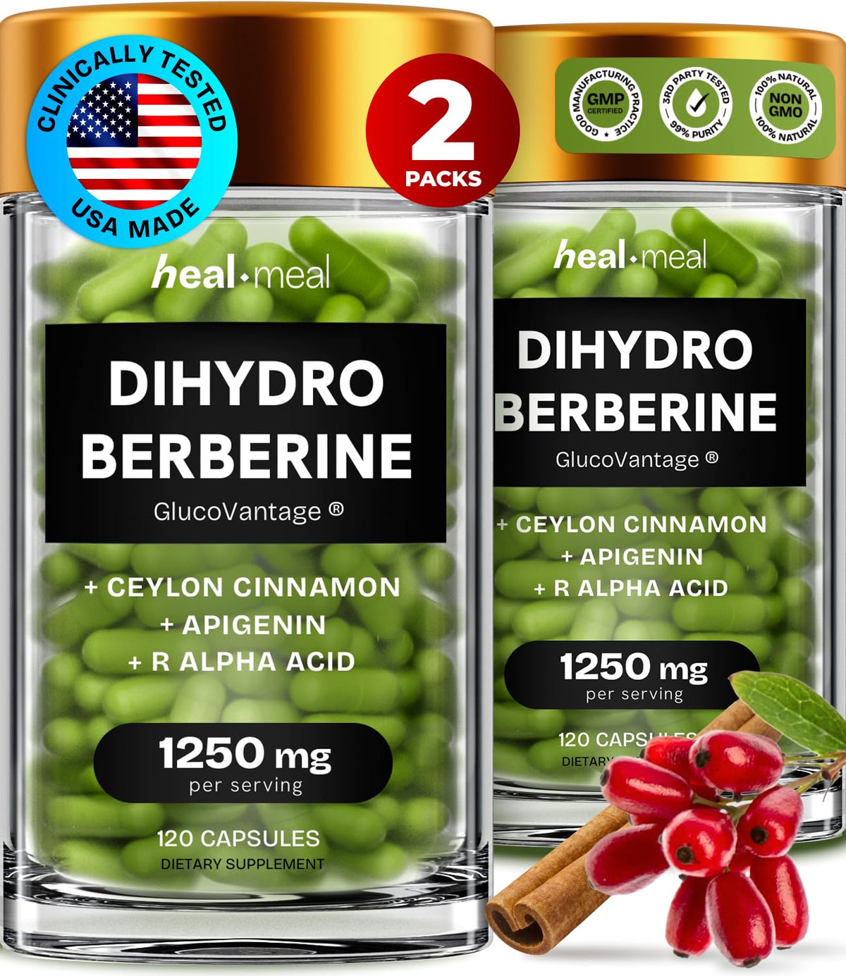 HealMeal Dihydroberberine capsules packaging highlights quality for easy daily use