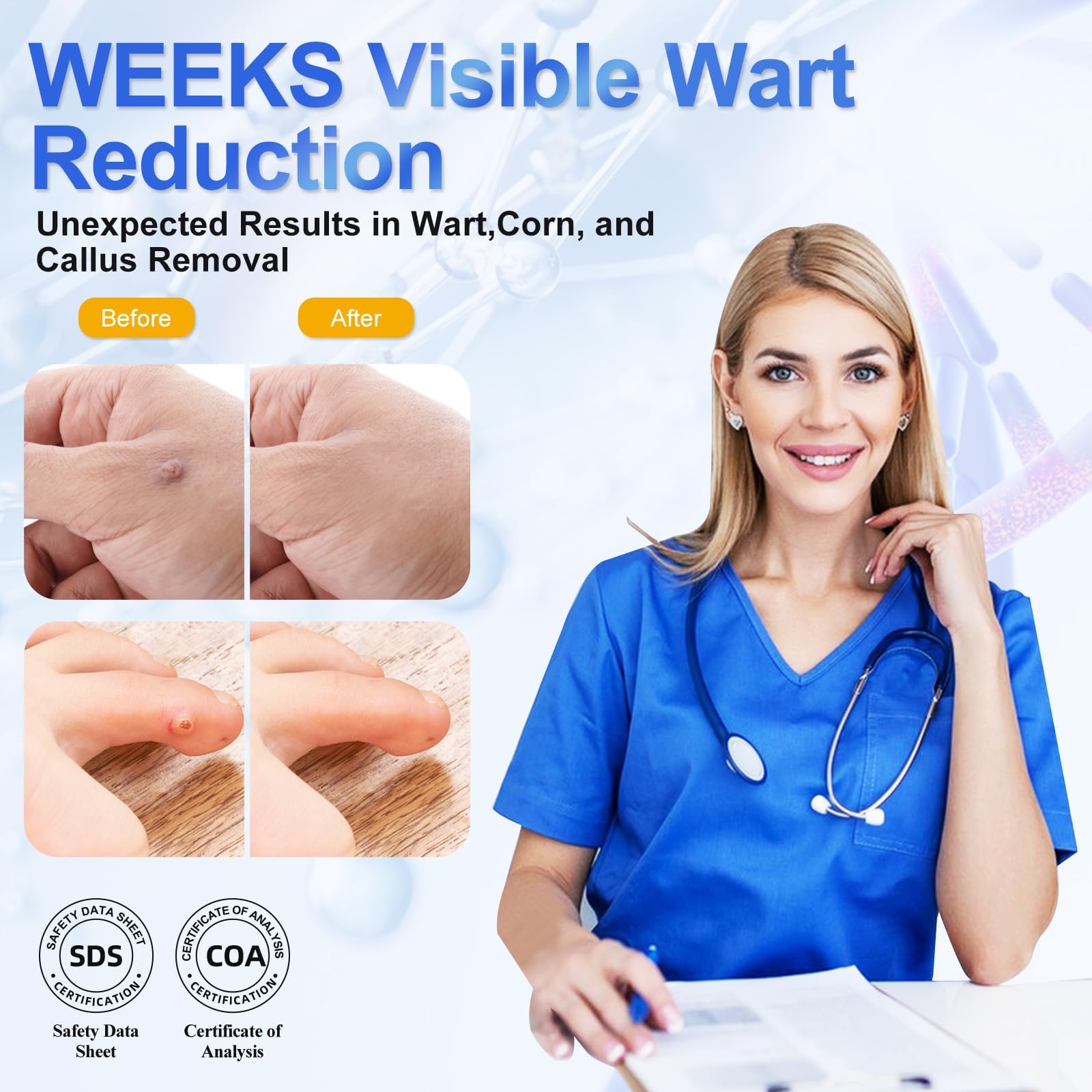 Hands applying the liquid to a wart example.
