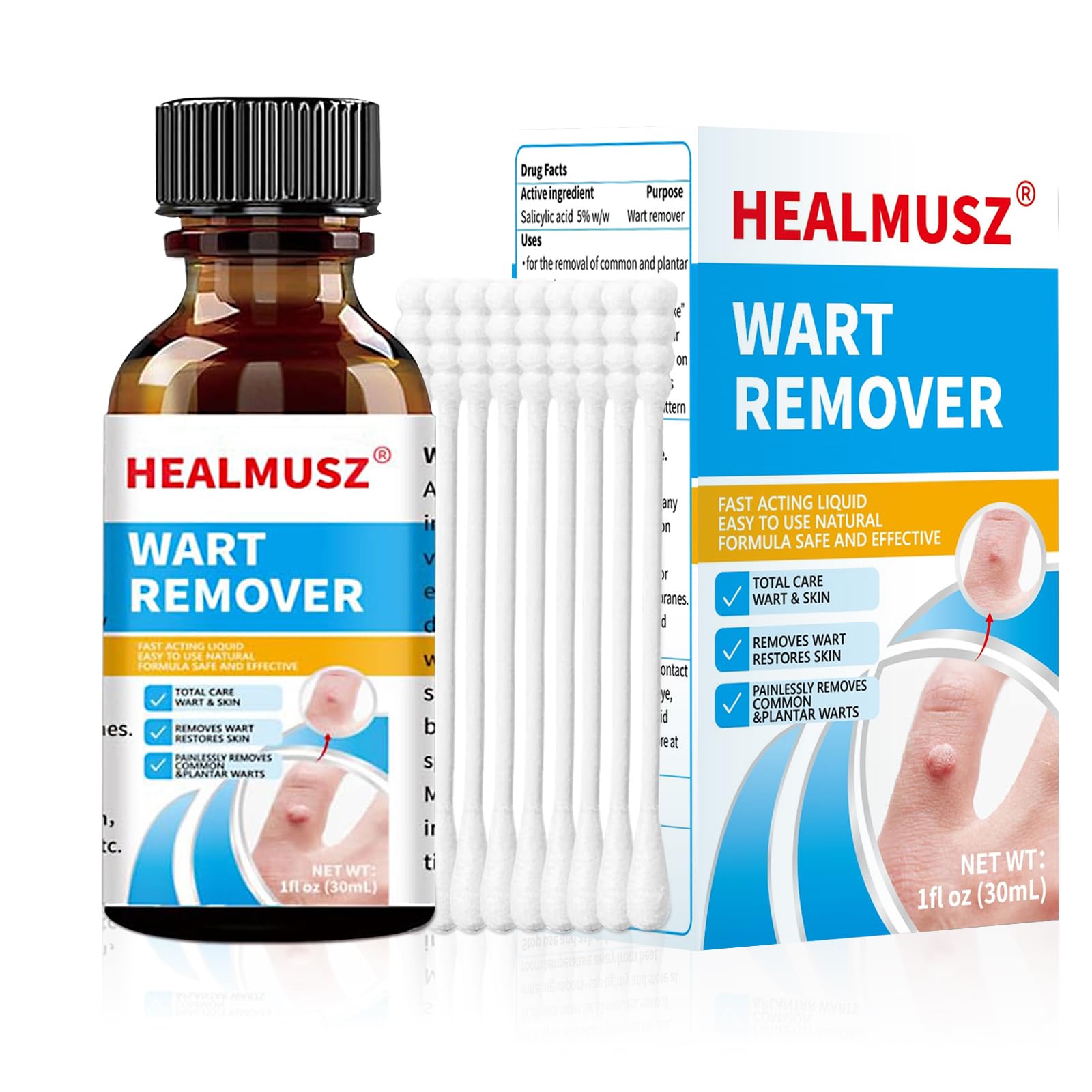 HEALMUSZ Wart Remover bottle being poured for precise application.
