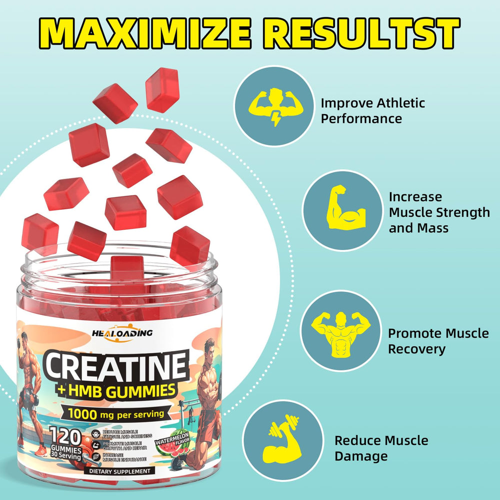 HEALOADING Creatine Monohydrate + HMB gummies ingredients panel emphasizes science-backed formula
