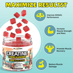 HEALOADING Creatine Monohydrate + HMB gummies ingredients panel emphasizes science-backed formula