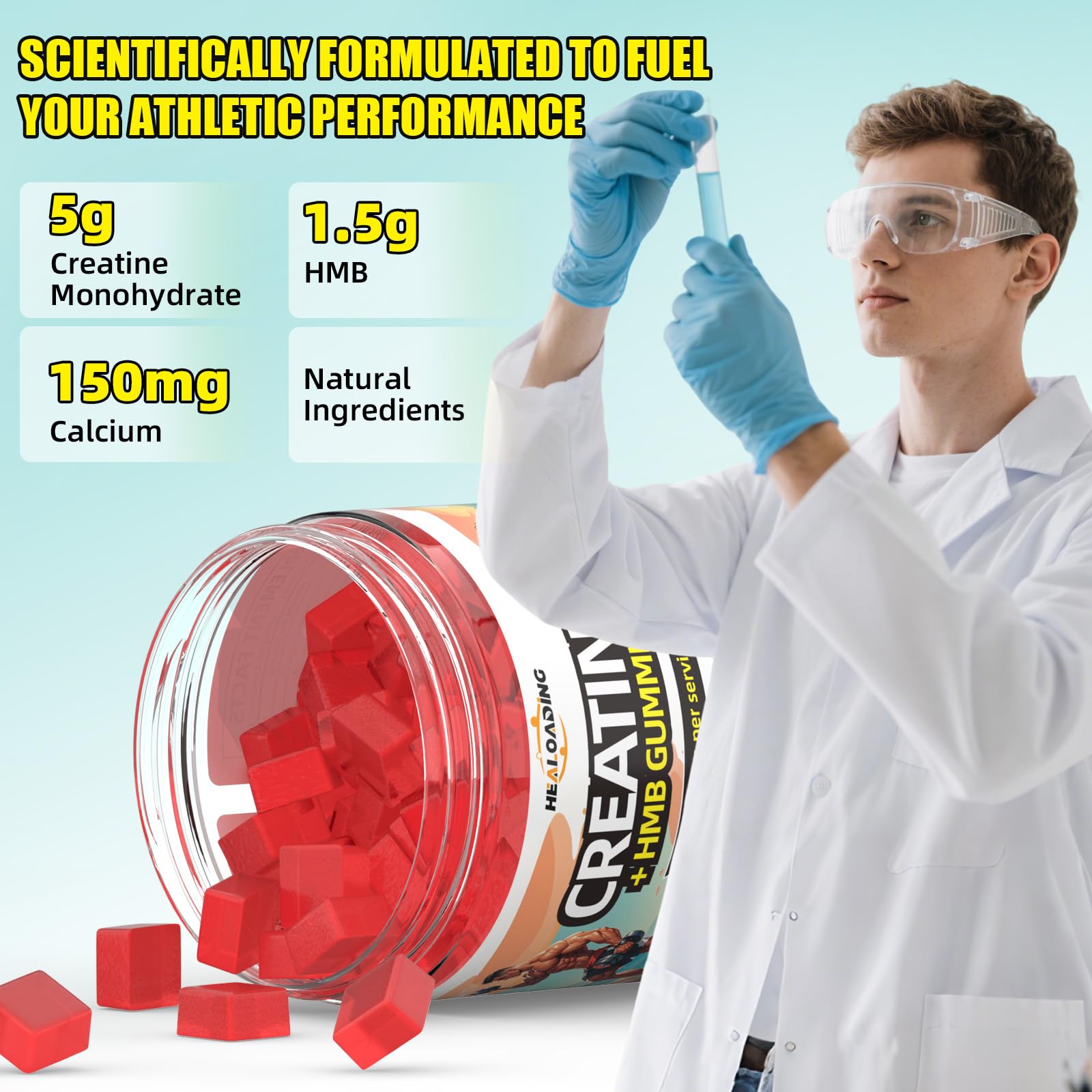 HEALOADING gummies packaging shows serving count and energy-boosting notes