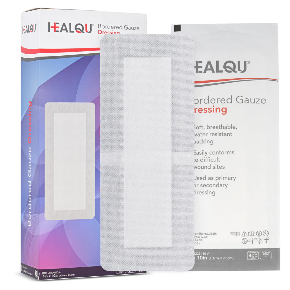 HEALQU bordered gauze island dressing 4x10 pack—easy peel-and-stick protection for minor wounds.
