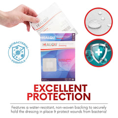 HEALQU bordered gauze island dressing water-resistant backing—protects wound area during light activity.