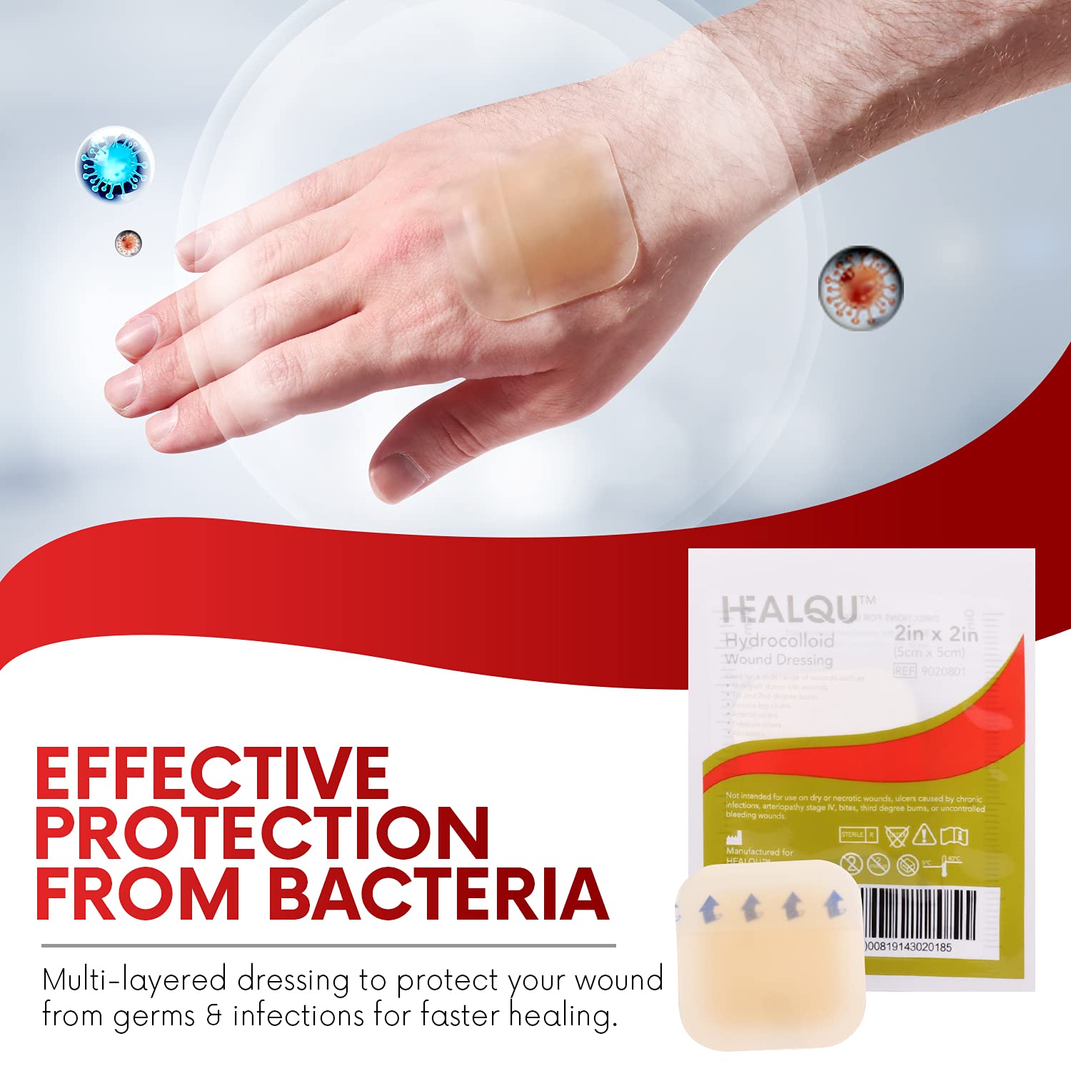 Healqu hydrocolloid wound dressing 2x2-inch packaging side highlights individual sterile sachets