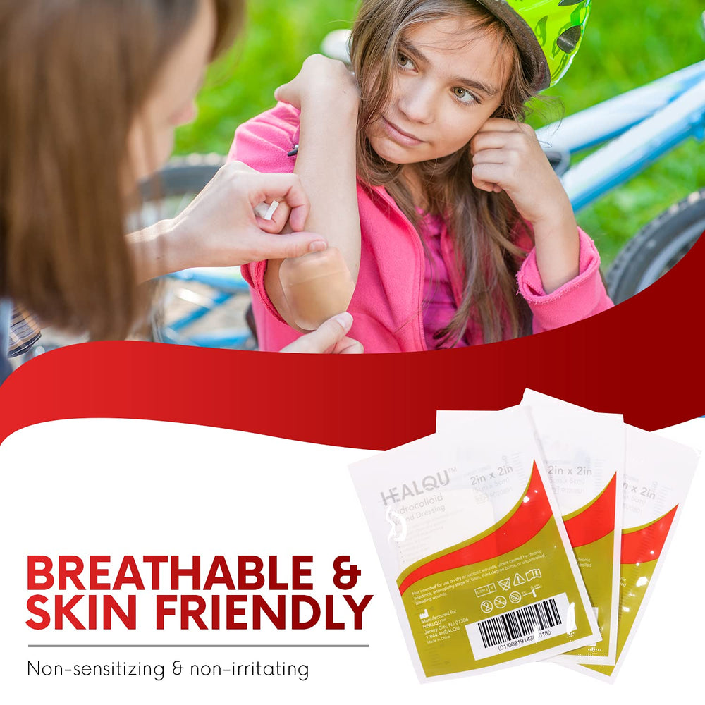 Healqu hydrocolloid wound dressing 2x2-inch skin-application guide demonstrates easy conforming wear