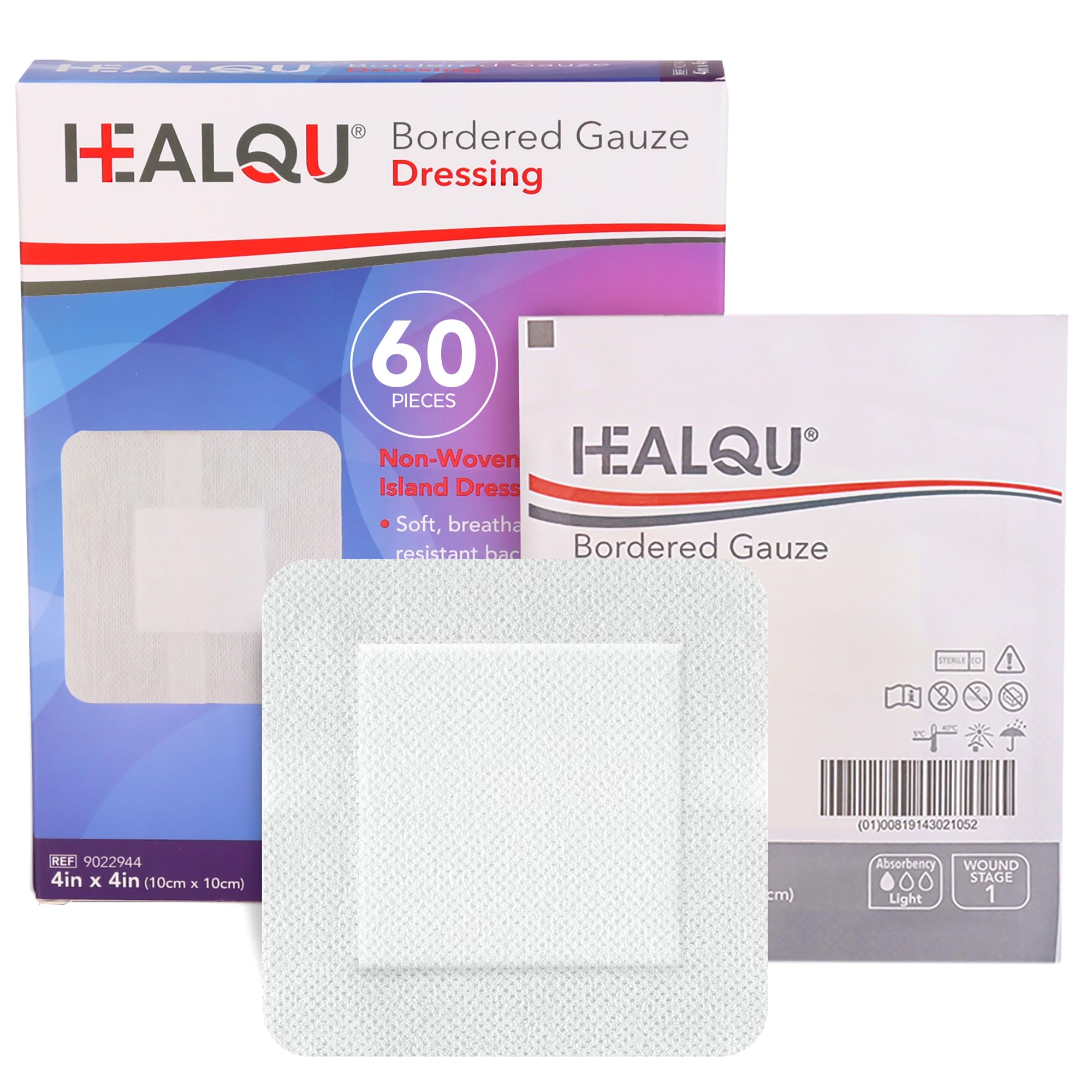 Healqu Island Dressing 4x4 bordered gauze pad provides breathable, non-sticky wound protection.