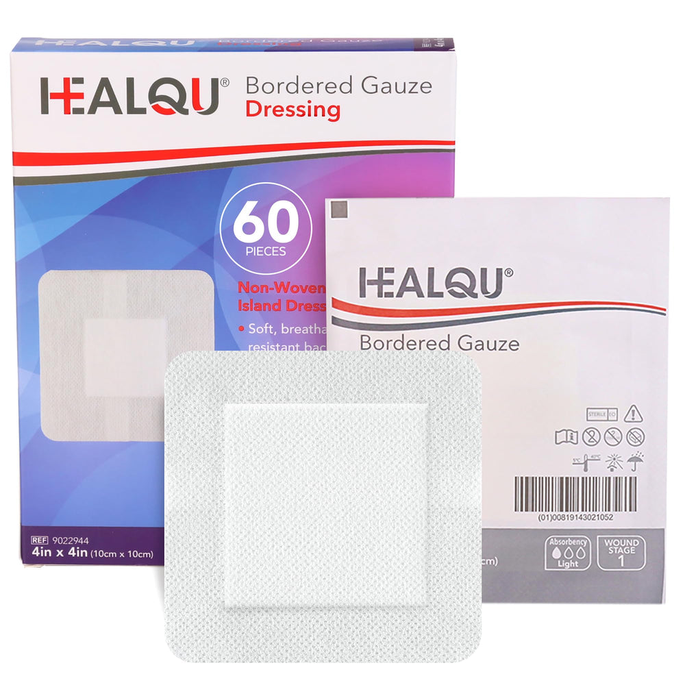 Healqu Island Dressing 4x4 bordered gauze pad provides breathable, non-sticky wound protection.