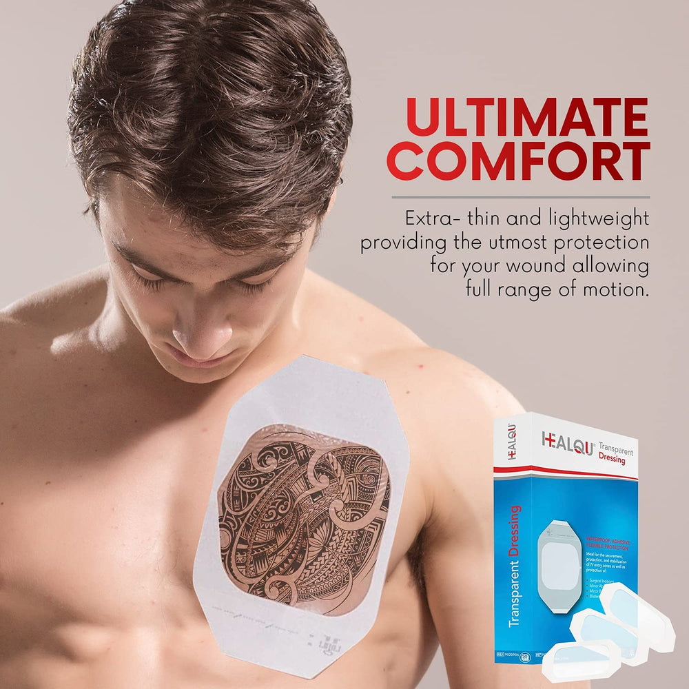 Healqu post-surgical incision protection with breathable shield.