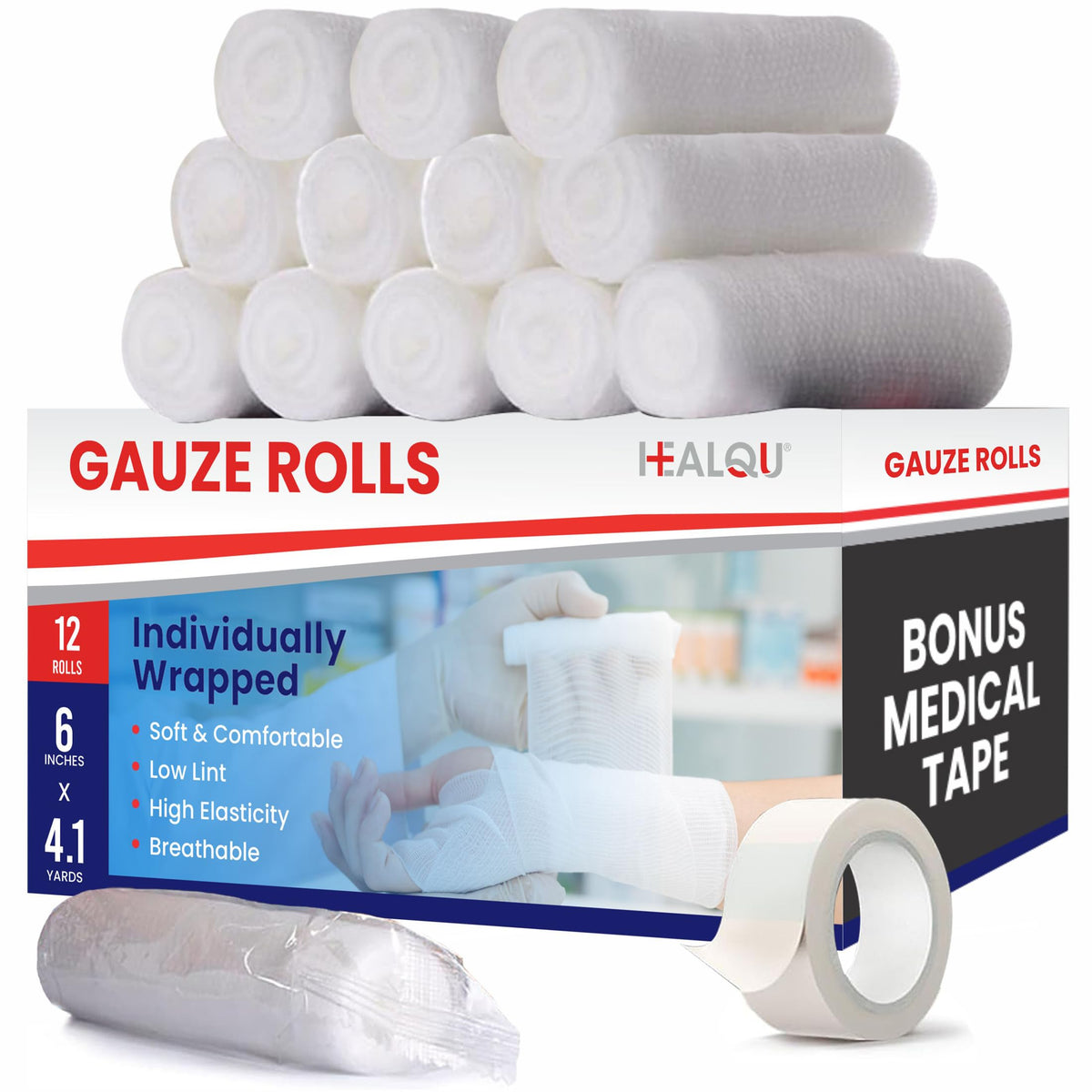 Healqu premium gauze rolls, 6 in by 4.1 yd, ideal for securing dressings.