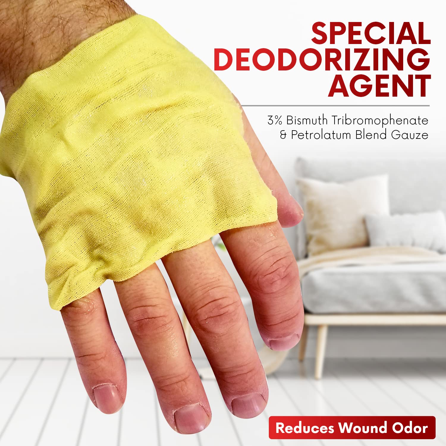 Healqu Xeroform non-adherent dressing on skin minimizes removal trauma