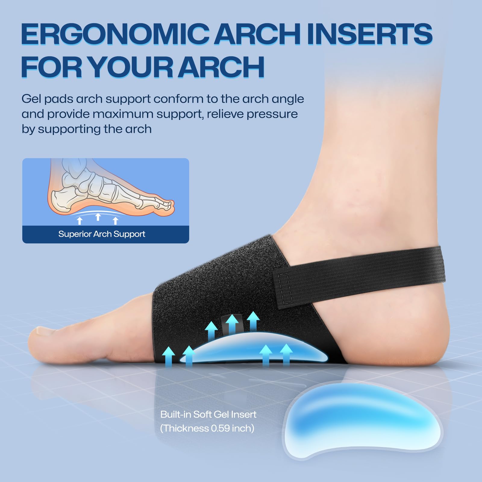 Adjustable band on Healrecux arch-support brace for customizable compression