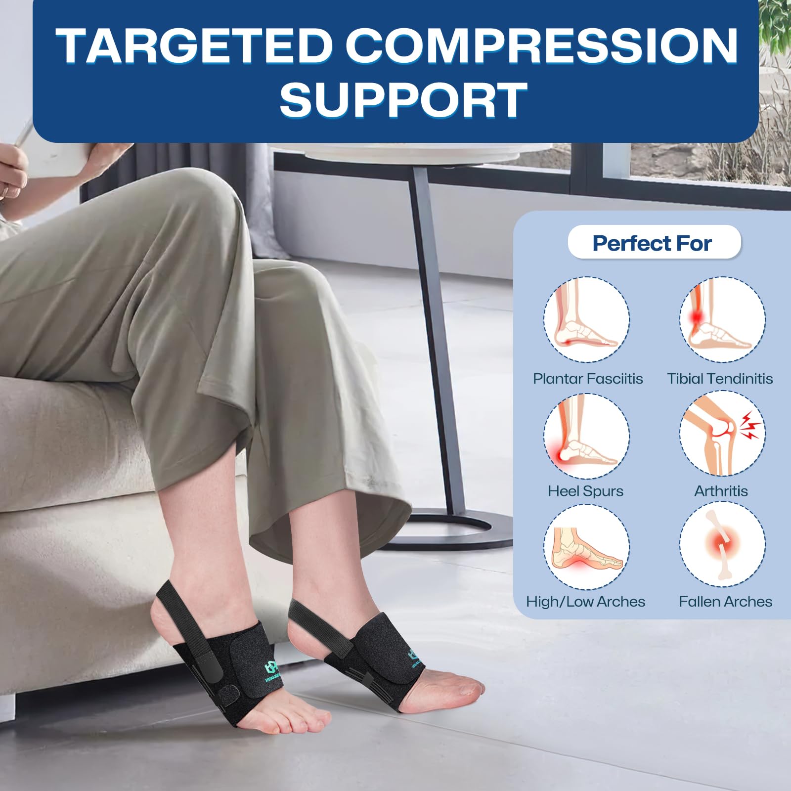 Healrecux arch-support brace with midfoot strap ensures secure fit during workouts