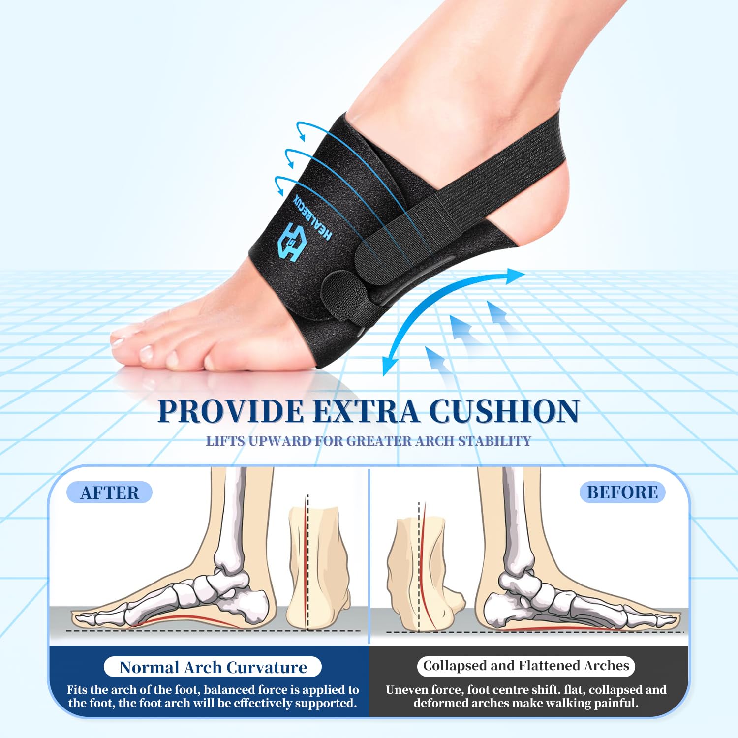 Soft breathable fabric on Healrecux arch-support brace for all day wear